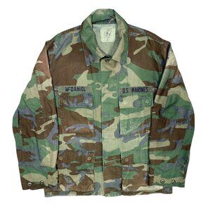 Vintage 1980s US Marines Woodlands Camo Combat BDU Coat Shirt Medium